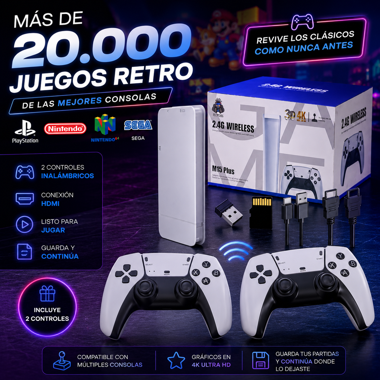 M15 Plus™ | La Consola 4K Retro Tendencia | +20.000 Juegos Clásicos | Plug & Play