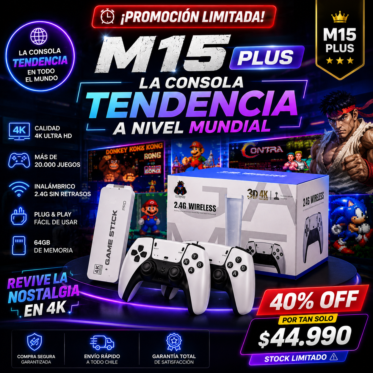 M15 Plus™ | La Consola 4K Retro Tendencia | +20.000 Juegos Clásicos | Plug & Play